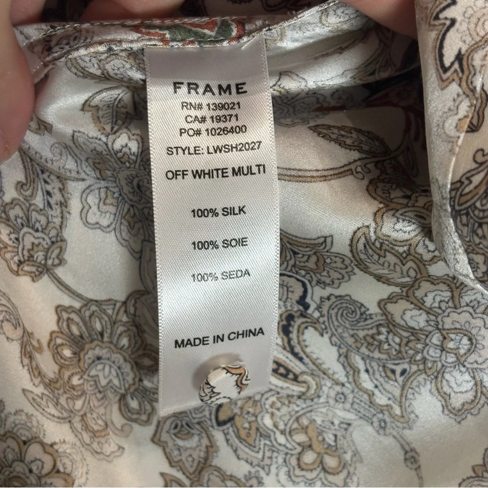 FRAME Silk 70s Ruffle Silk Top Off White Multi Paisley Size Small - Picture 7 of 8